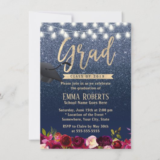 Invitation Graduation Moderne Marine Bleu Bourgogne Rouge Flo (Devant)