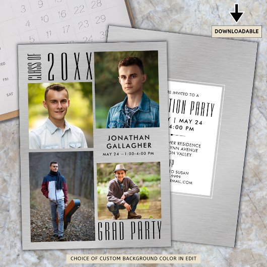 Invitation Graduation Moderne Metallic Argent Sleek Noir