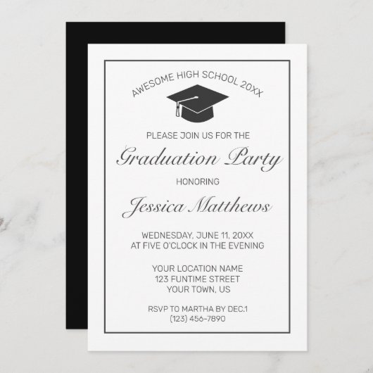 Invitation Graduation moderne minimaliste noir blanc (Devant / Derrière)