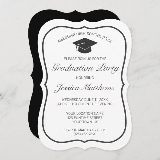 Invitation Graduation moderne minimaliste noir blanc (Devant / Derrière)