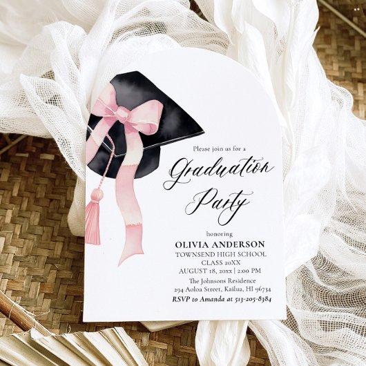 Invitation Graduation moderne Pink Bow Graduation Cap Arched
