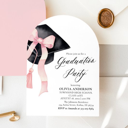 Invitation Graduation moderne Pink Bow Graduation Cap Arched