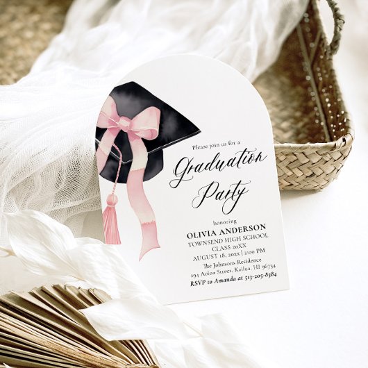 Invitation Graduation moderne Pink Bow Graduation Cap Arched