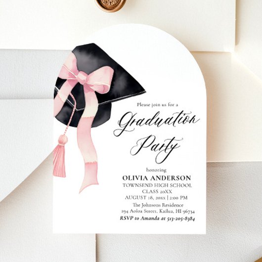 Invitation Graduation moderne Pink Bow Graduation Cap Arched