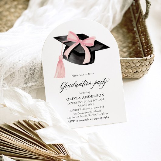Invitation Graduation moderne Pink Bow Graduation Cap Arched