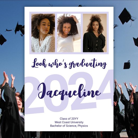 Invitation Graduation moderne Purple Script Photo Collage