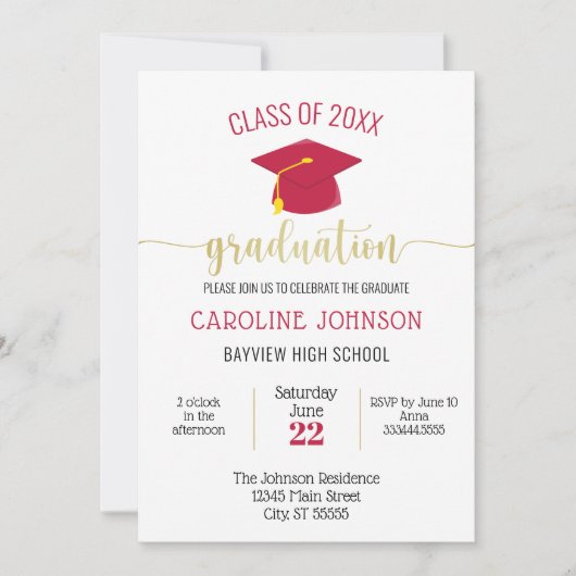 Invitation Graduation moderne simple Red Gold (Devant)