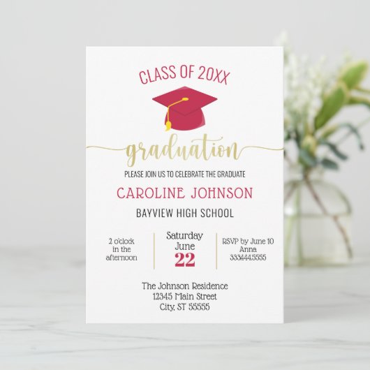 Invitation Graduation moderne simple Red Gold (Debout devant)