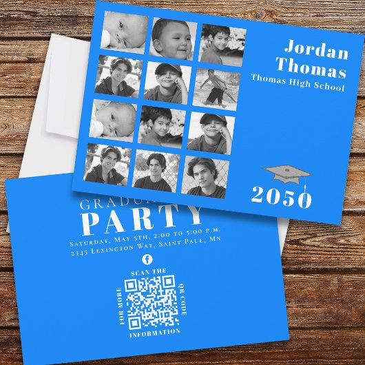 Invitation Graduation Multi Photo Collage Simple Bleu QR Code
