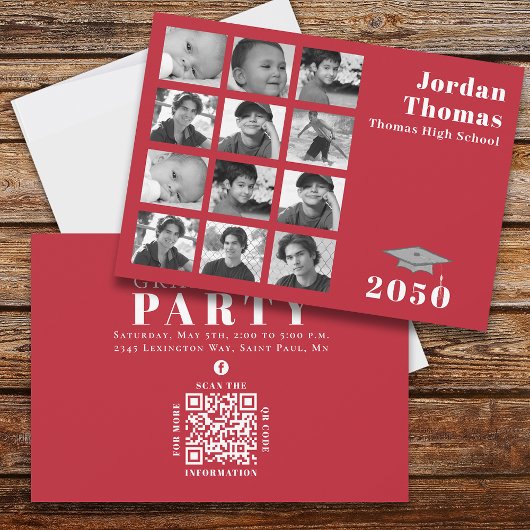 Invitation Graduation Multi Photo Collage Simple Rouge QR Cod