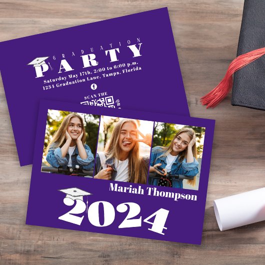 Invitation Graduation Multi Photo Purple Class 2023 QR Code