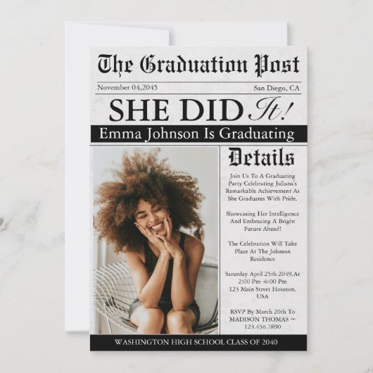Invitation Graduation Newspaper Unique Fun Custom Photo 2025 (Devant)