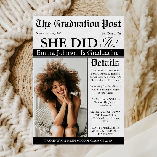 Invitation Graduation Newspaper Unique Fun Custom Photo 2025