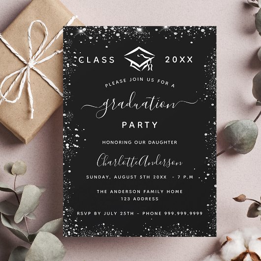 Invitation Graduation noir argent parties scintillant glamour