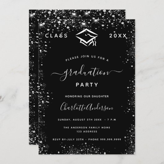Invitation Graduation noir argent parties scintillant poussiè (Devant / Derrière)