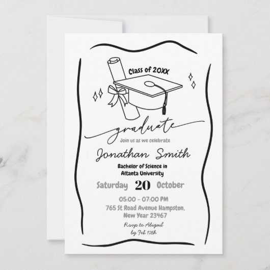 Invitation Graduation noir dessinée à la main (Devant)