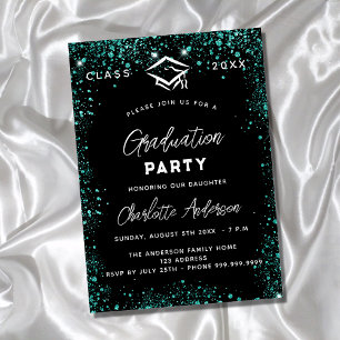 Invitation Graduation noir vert turquoise parties scintillant