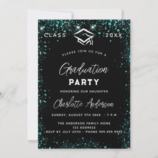Invitation Graduation noir vert turquoise parties scintillant (Devant)
