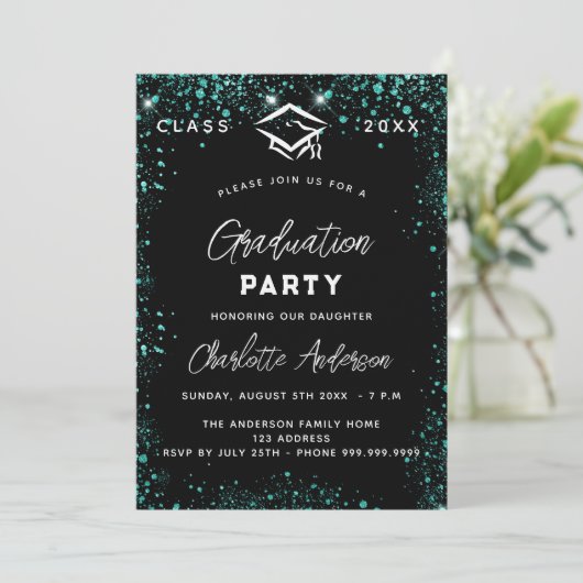 Invitation Graduation noir vert turquoise parties scintillant (Debout devant)