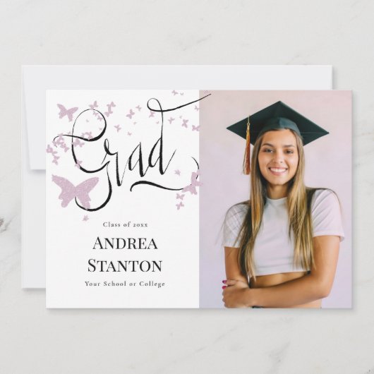 Invitation Graduation Papillons rose Grad Calligraphie Chic (Devant)