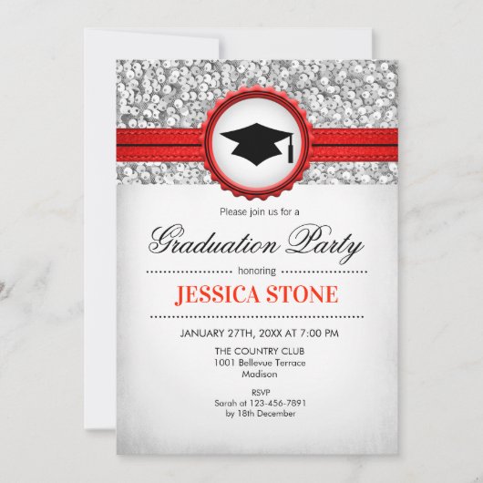 Invitation Graduation Party - Argent Blanc Rouge (Devant)