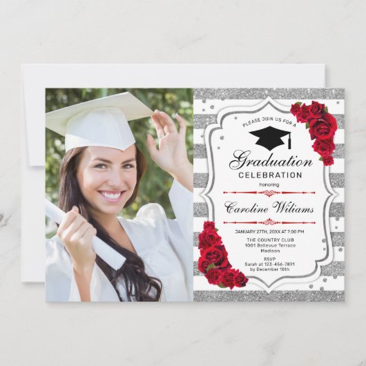 Invitation Graduation Party avec photo - Argent Blanc Rouge (Devant)