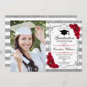 Invitation Graduation Party avec photo - Argent Blanc Rouge (Devant / Derrière)