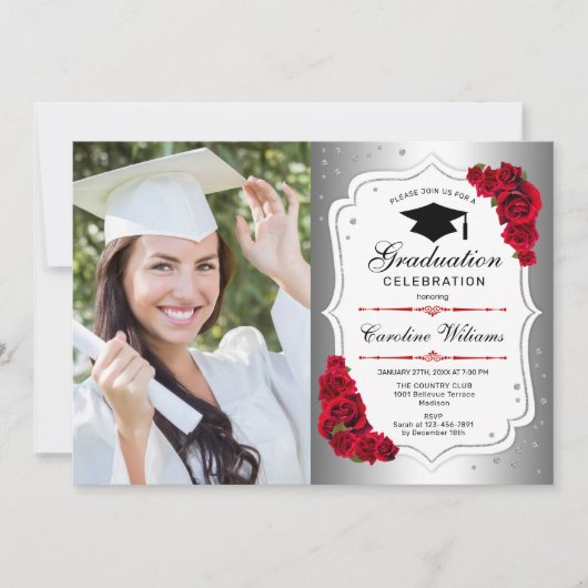 Invitation Graduation Party avec photo - Argent Blanc Rouge (Devant)