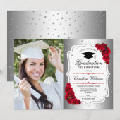 Invitation Graduation Party avec photo - Argent Blanc Rouge (Devant / Derrière)