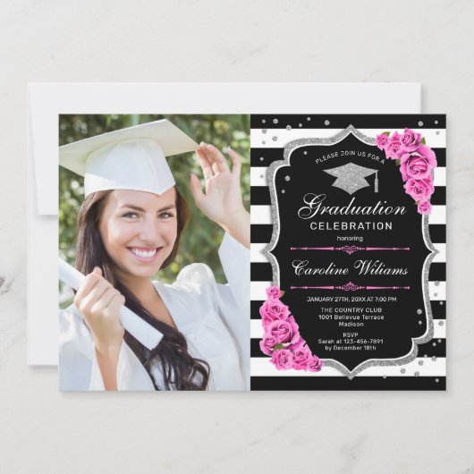 Invitation Graduation Party avec photo - Argent rose Noir (Devant)