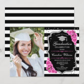 Invitation Graduation Party avec photo - Argent rose Noir (Devant / Derrière)