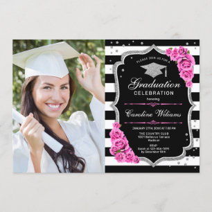Invitation Graduation Party avec photo - Argent rose Noir