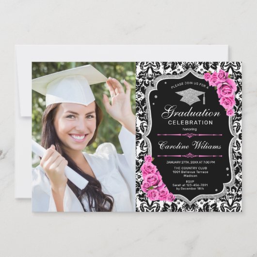 Invitation Graduation Party avec photo - Argent Rose Noir (Devant)