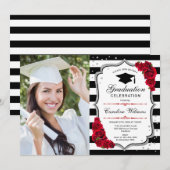 Invitation Graduation Party avec photo - Argent Rouge Noir (Devant / Derrière)