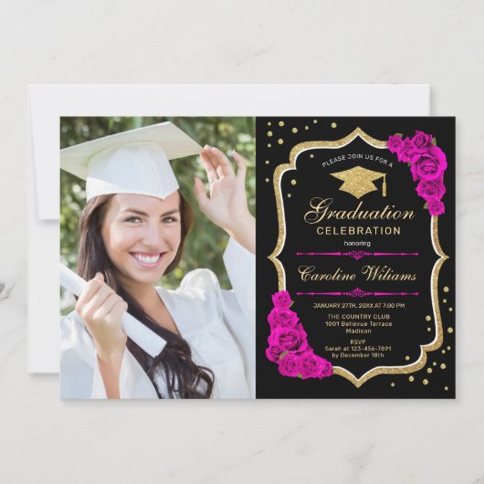 Invitation Graduation Party avec photo - Black Gold Hot Rose (Devant)