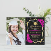 Invitation Graduation Party avec photo - Black Gold Hot Rose (Debout devant)