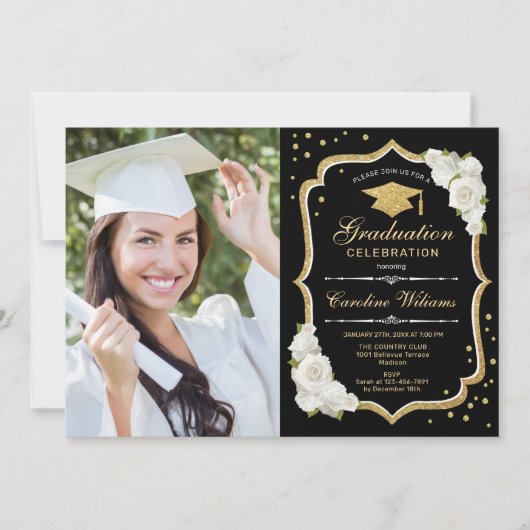 Invitation Graduation Party avec photo - Black Gold White (Devant)