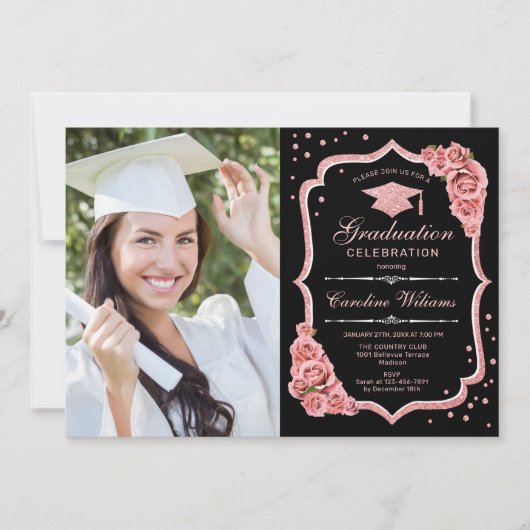 Invitation Graduation Party avec photo - Black Rose Gold (Devant)