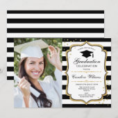 Invitation Graduation Party avec photo - Black White Gold (Devant / Derrière)