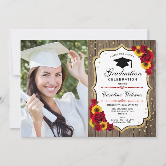 Invitation Graduation Party avec photo - Fleurs de soleil rus (Devant)