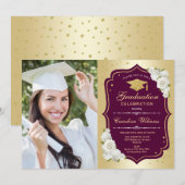 Invitation Graduation Party avec photo - Gold Burgundy (Devant / Derrière)