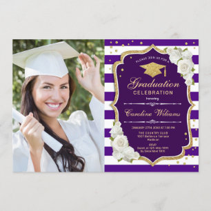 Invitation Graduation Party avec photo - Gold Purple Blanc