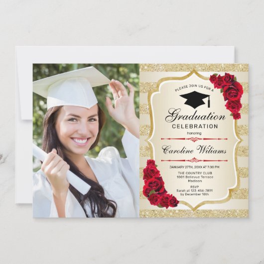 Invitation Graduation Party avec photo - Gold Red (Devant)