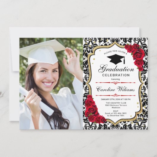 Invitation Graduation Party avec photo - Gold Red Black (Devant)
