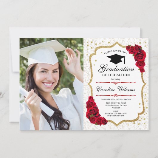 Invitation Graduation Party avec photo - Gold Red White (Devant)