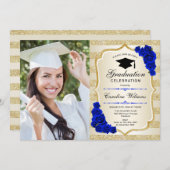 Invitation Graduation Party avec photo - Gold Royal Blue (Devant / Derrière)