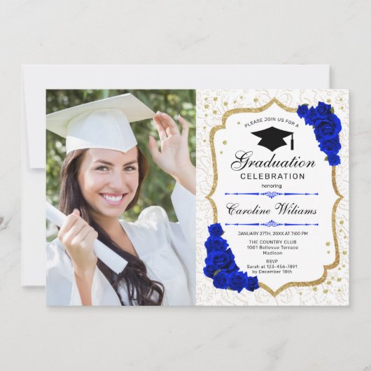 Invitation Graduation Party avec photo - Gold Royal Blue (Devant)