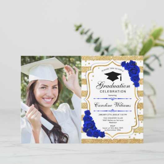 Invitation Graduation Party avec photo - Gold Royal Blue (Debout devant)