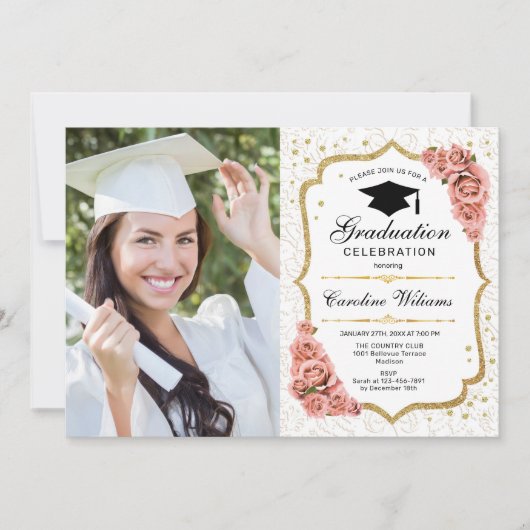 Invitation Graduation Party avec photo - Gold White Blush (Devant)