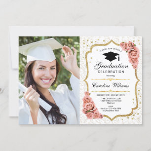 Invitation Graduation Party avec photo - Gold White Blush